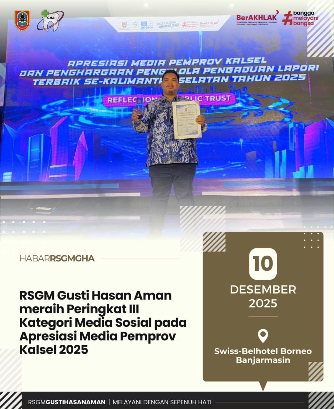 RSGM Gusti Hasan Aman meraih Peringkat III Kategori Media Sosial pada Apresiasi Media Pemprov Kalsel 2025